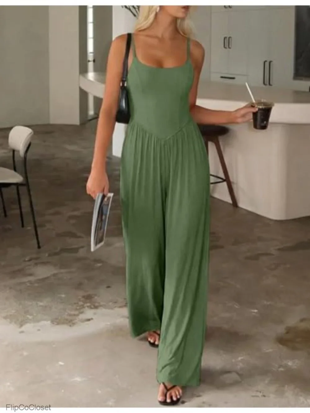Women's Sleeveless Wide Leg Jumpsuit with Pockets, 90% Rayon 10% Spandex Casual